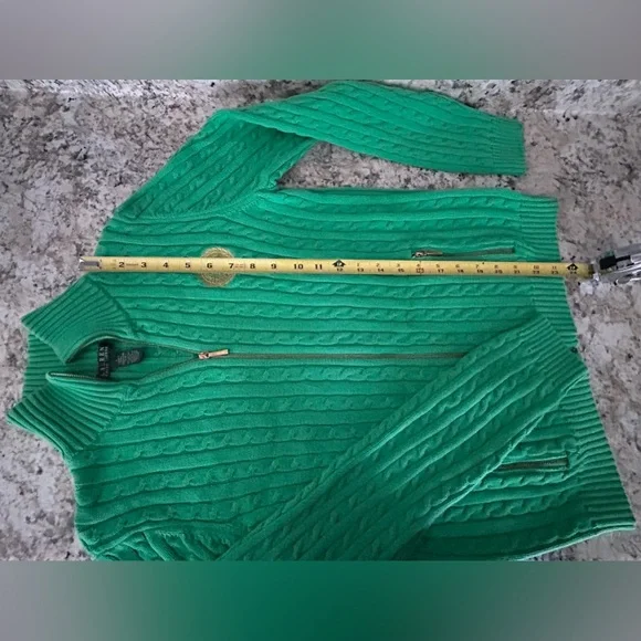 Lauren Ralph Lauren Emerald Green Cable Knit Sweater Jacket Gold Zip Size L - Picture 11 of 11